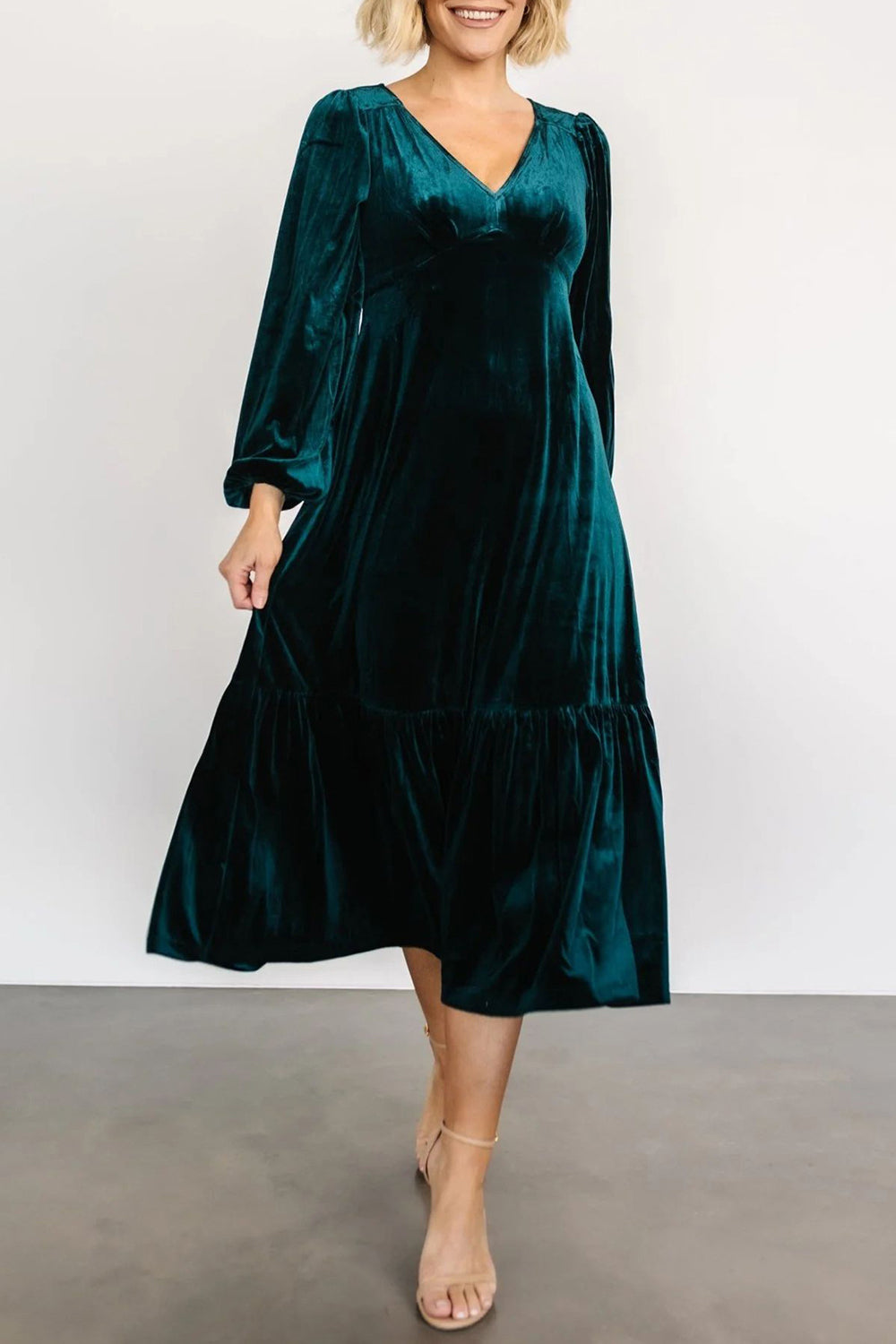 V-Neck Long Sleeve Midi Velvet Dress - Littles Collection