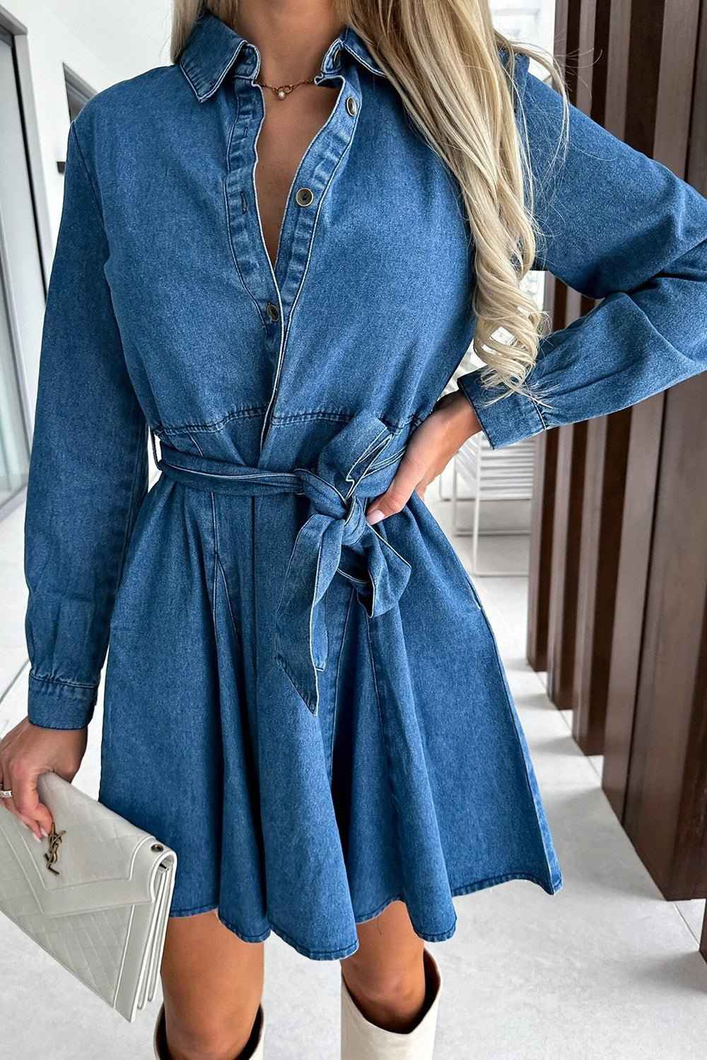 Denim Midi Half Button Cotton Dress