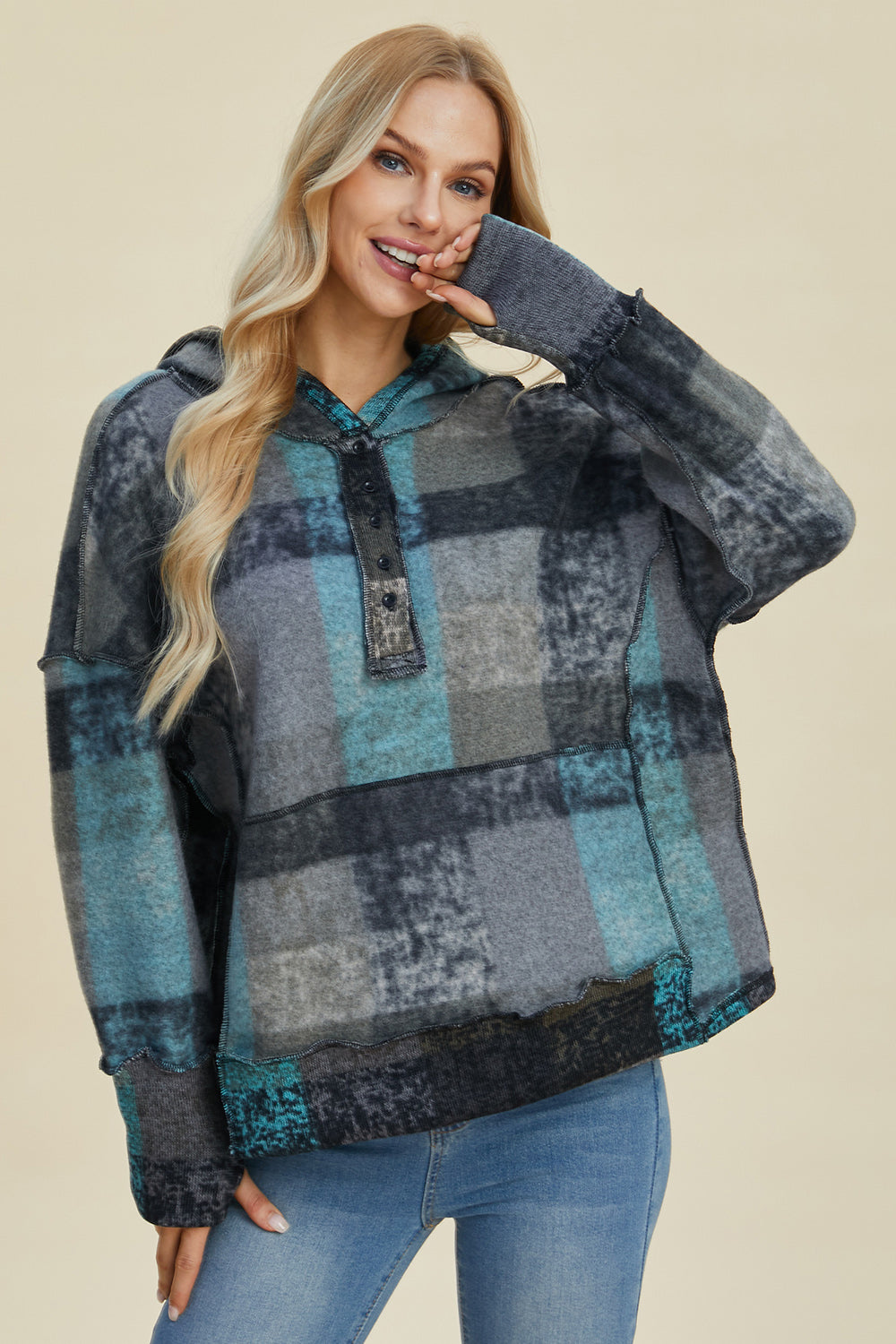 Double Take Plaid Dropped Shoulder Fleece Hoodie - Littles Collection