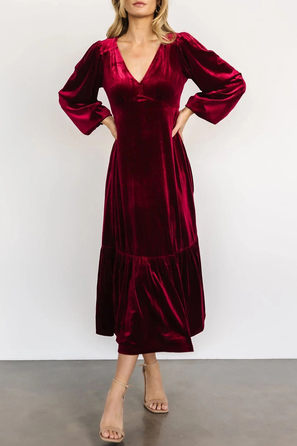 V-Neck Long Sleeve Midi Velvet Dress - Littles Collection