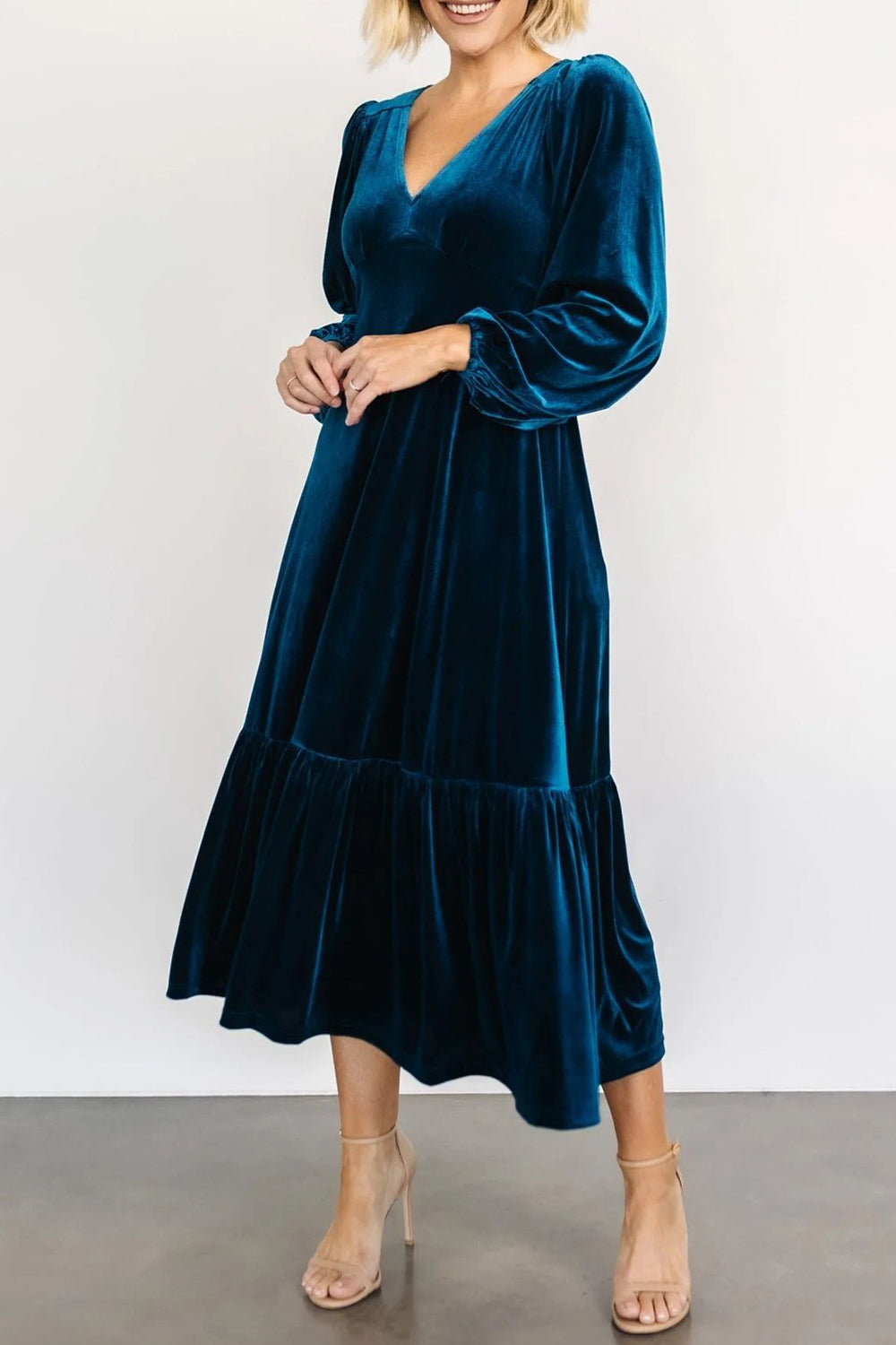 V-Neck Long Sleeve Midi Velvet Dress - Littles Collection