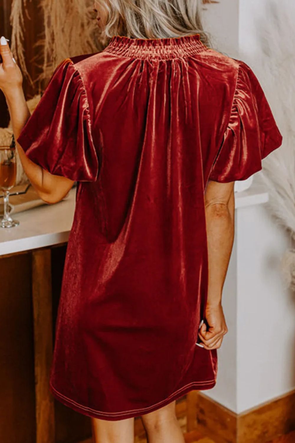 Velvet Tie Neck Short Sleeve Mini Dress - Littles Collection