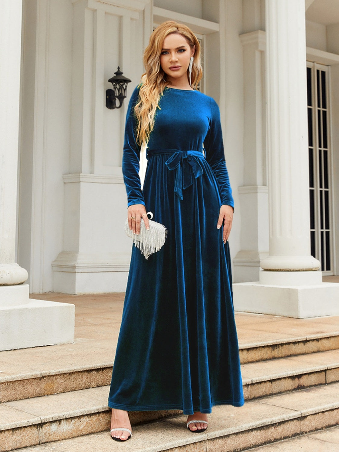 Tie Front Round Neck Velvet Maxi Dress - Littles Collection