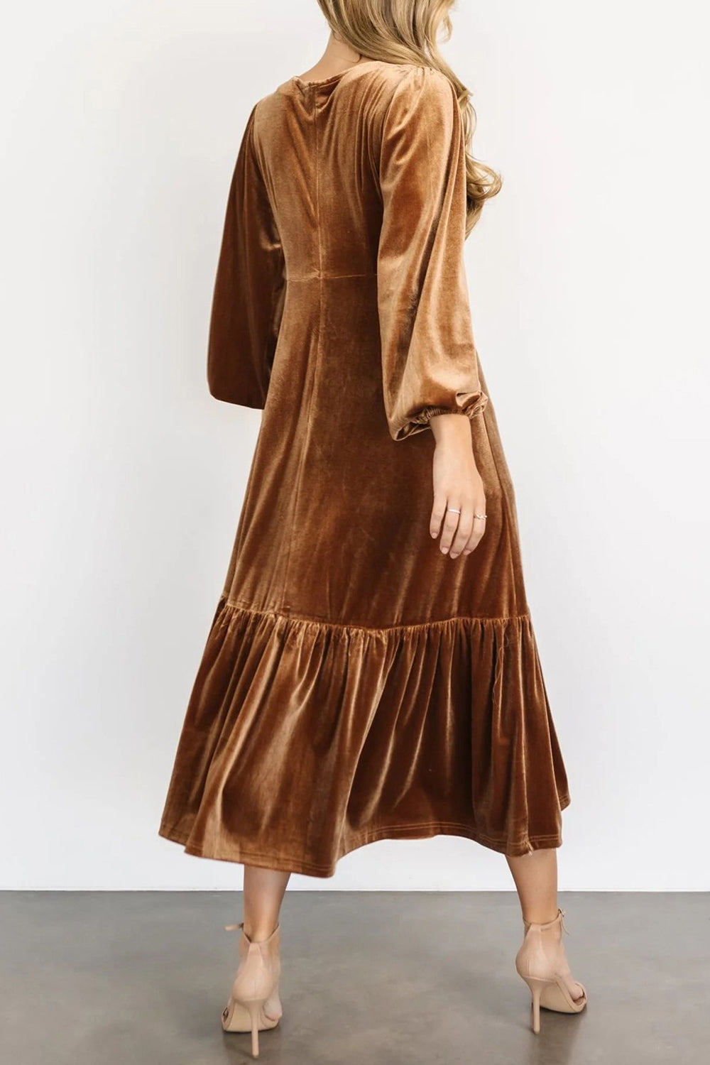 V-Neck Long Sleeve Midi Velvet Dress - Littles Collection