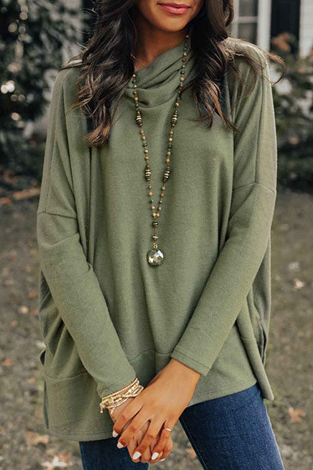 High-Low Cowl Neck Cotton Blend Blouse