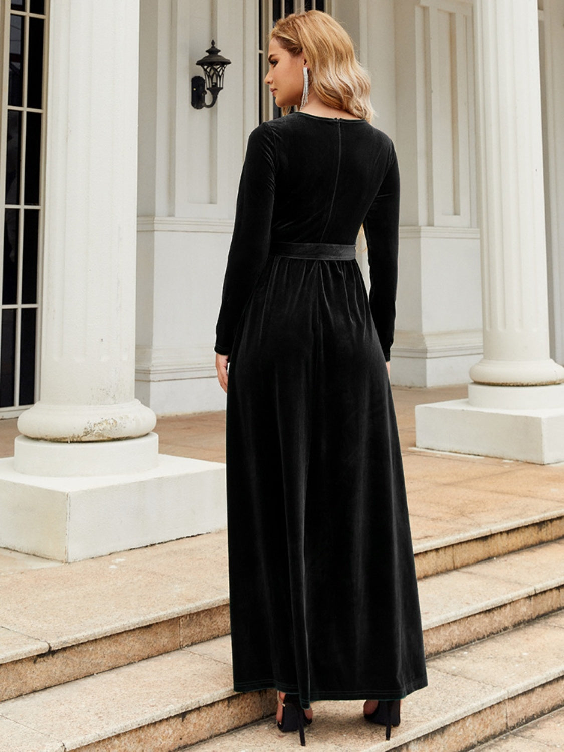 Black velvet evening gown long maxi A-line dress empire waist onsale Christmas