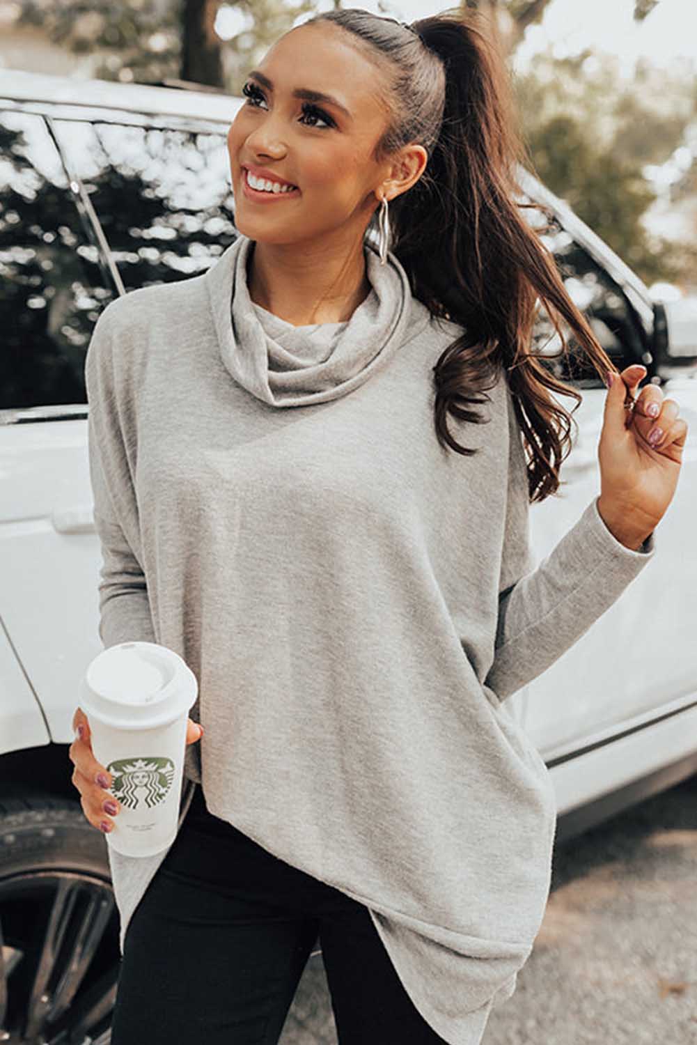 Side Slit High-Low Cowl Neck Cotton Blend Blouse - Littles Collection