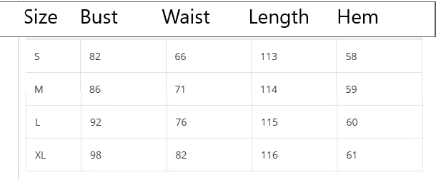 Table displaying clothing measurements with size, bust, waist, length, and hem dimensions.