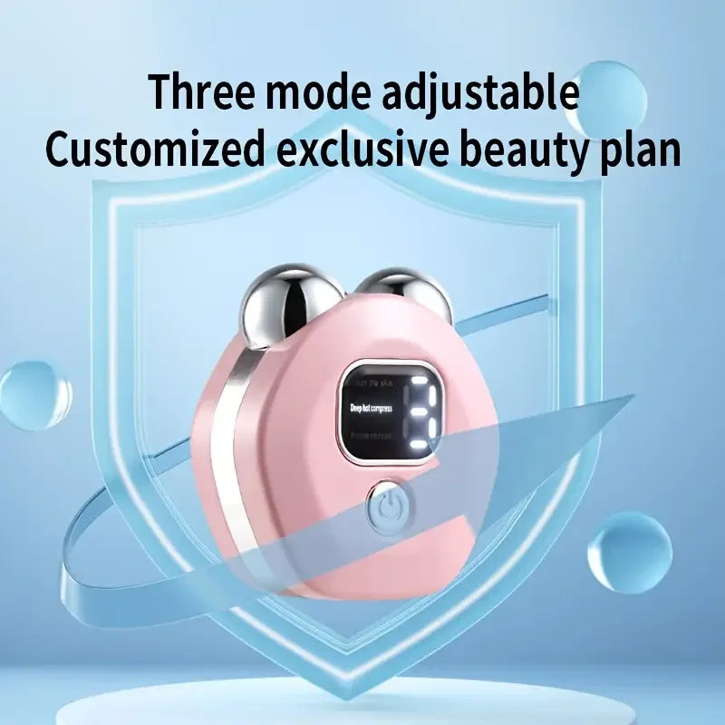 Pink beauty device with shield graphic and text on a blue background