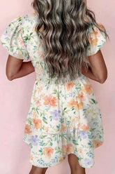 Frill Notched Puff Sleeve Dress floral