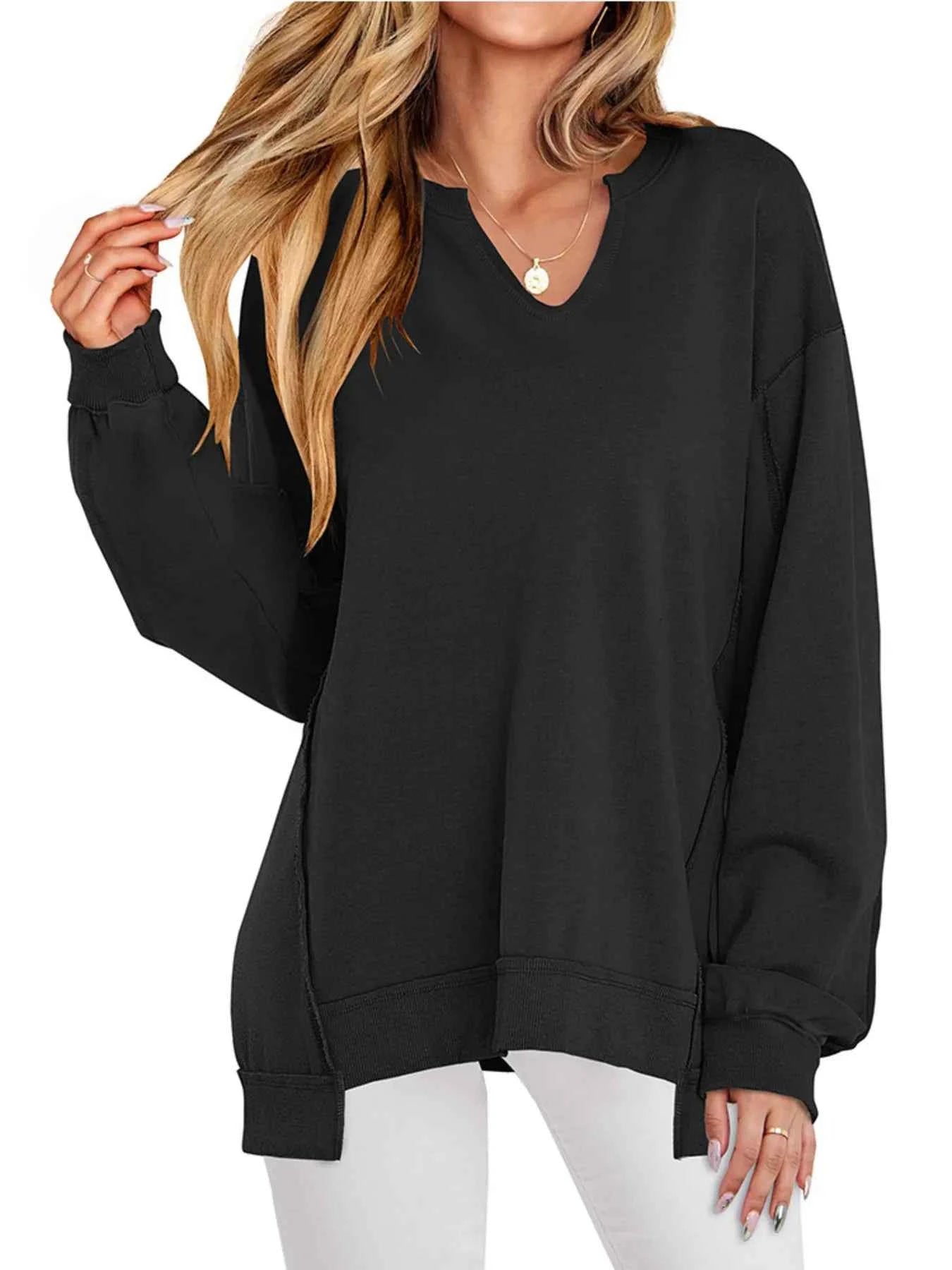 women_fashion - littlescollectionSweatshirt womenNotched Long Sleeve Oversized Contrast Trimming SweatshirtShip From Overseas