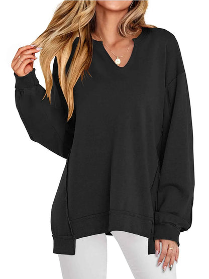 women_fashion - littlescollectionSweatshirt womenNotched Long Sleeve Oversized Contrast Trimming SweatshirtShip From Overseas