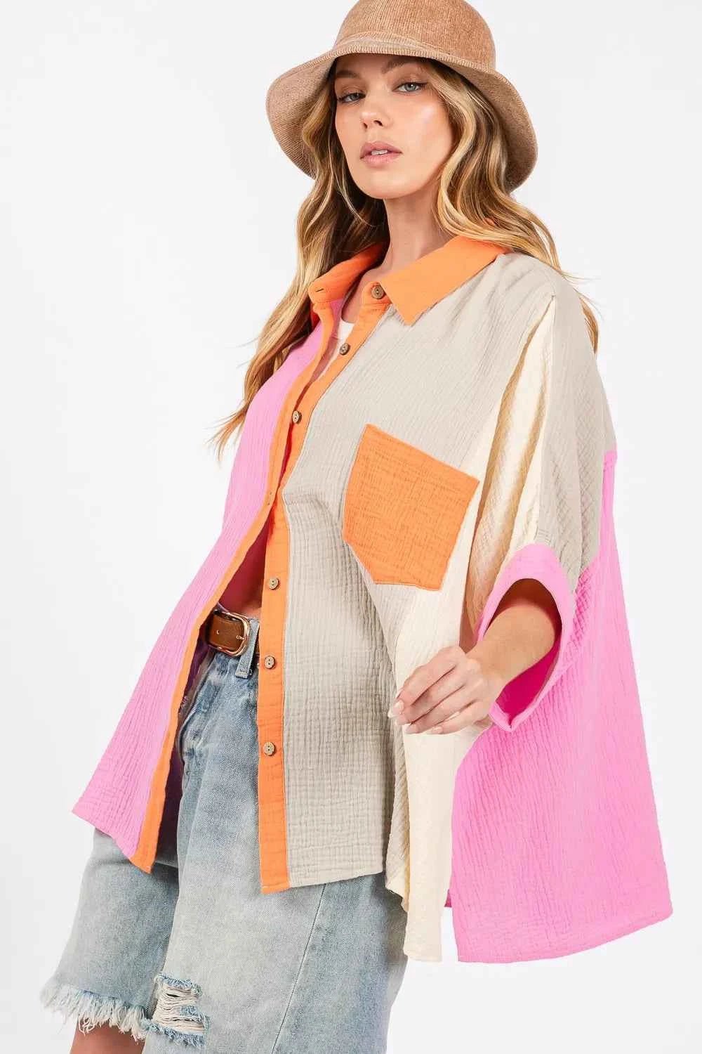 women_fashion - littlescollectionTopsBoho Color Block Button - Down Cotton Shirt Plus SizeShip from USA