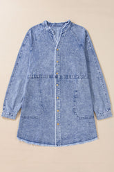 Raw Hem Button Down Long Sleeve Denim Dress - Littles Collection 