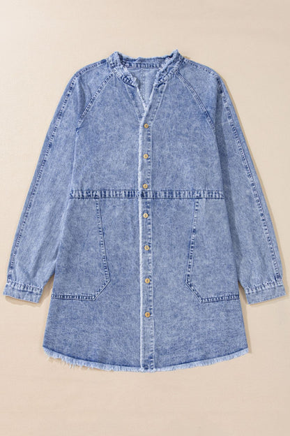 Raw Hem Button Down Long Sleeve Denim Dress - Littles Collection 