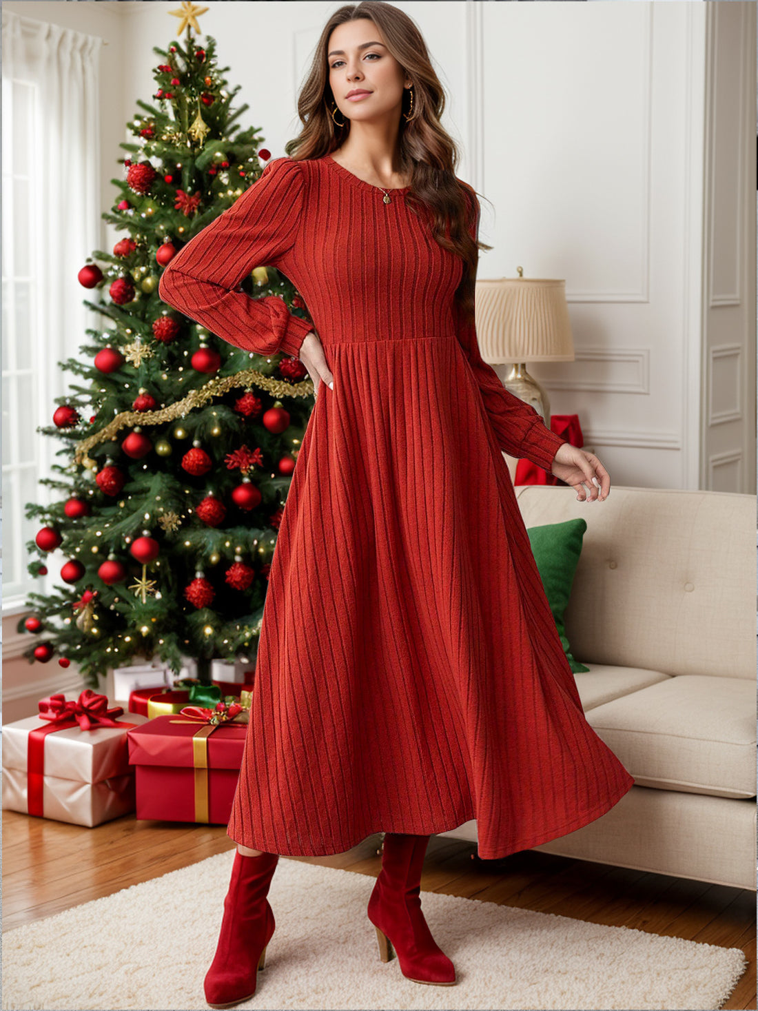 Ribbed Round Neck Long Sleeve Dress - Littles Collection 