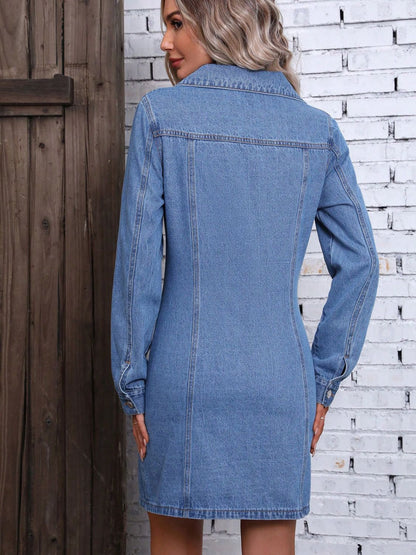 Ruched Button Up Cotton Denim Midi Dress - Littles Collection 