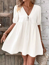 V-Neck Tie-Front Mini Dress with Puff Sleeves