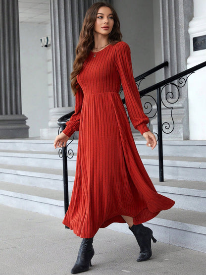 Ribbed Round Neck Long Sleeve Dress - Littles Collection 