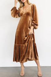 V-Neck Long Sleeve Midi Velvet Dress - Littles Collection 
