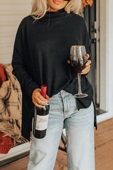 Side Slit High-Low Cowl Neck Cotton Blend Blouse - Littles Collection 