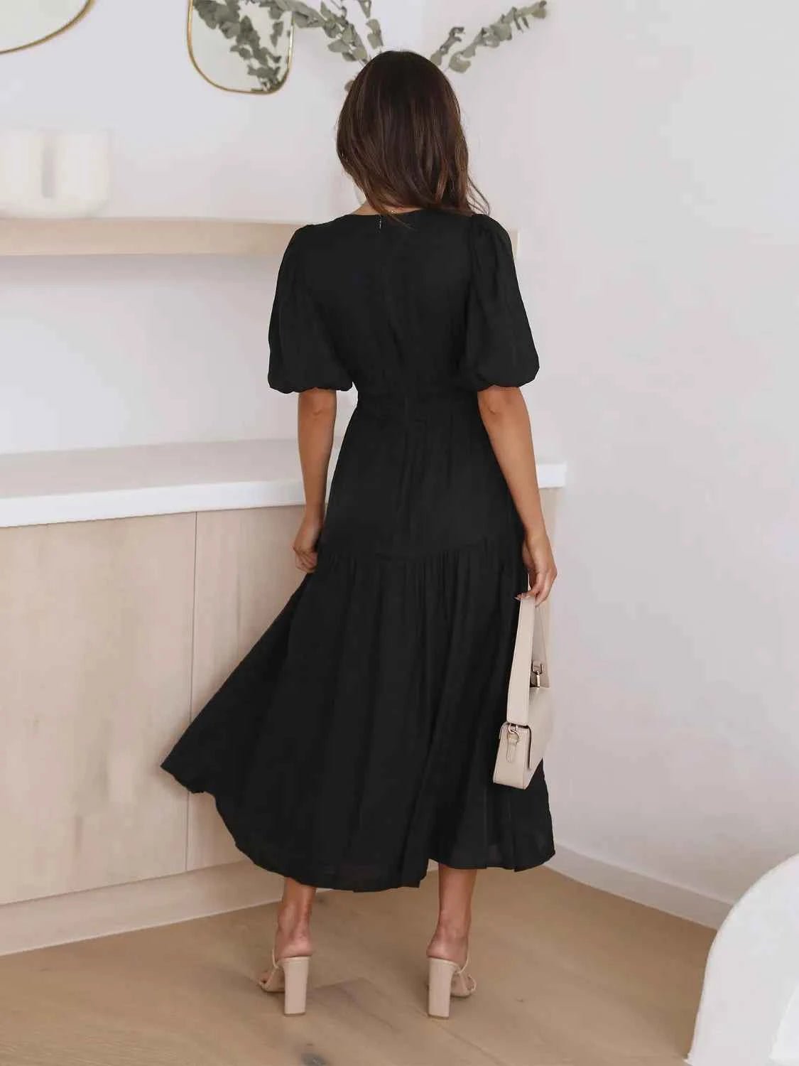 women_fashion - littlescollectionDressMulti Tiered Puff Sleeve Midi Flowey Dress