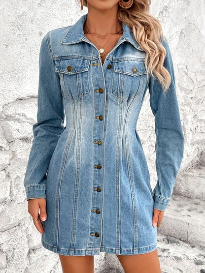 Pocketed Button Up Long Sleeve Denim Dress - Littles Collection 