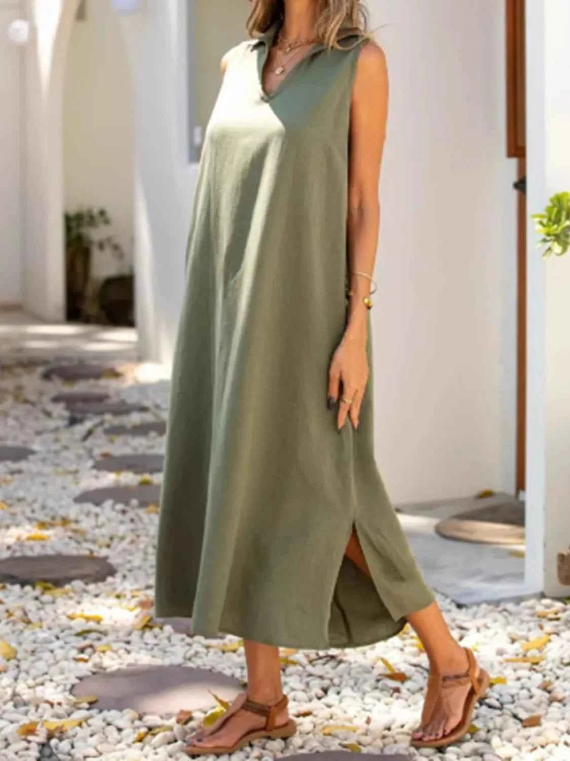 Full Size Side Slit Sleeveless Midi Dress Plus Size