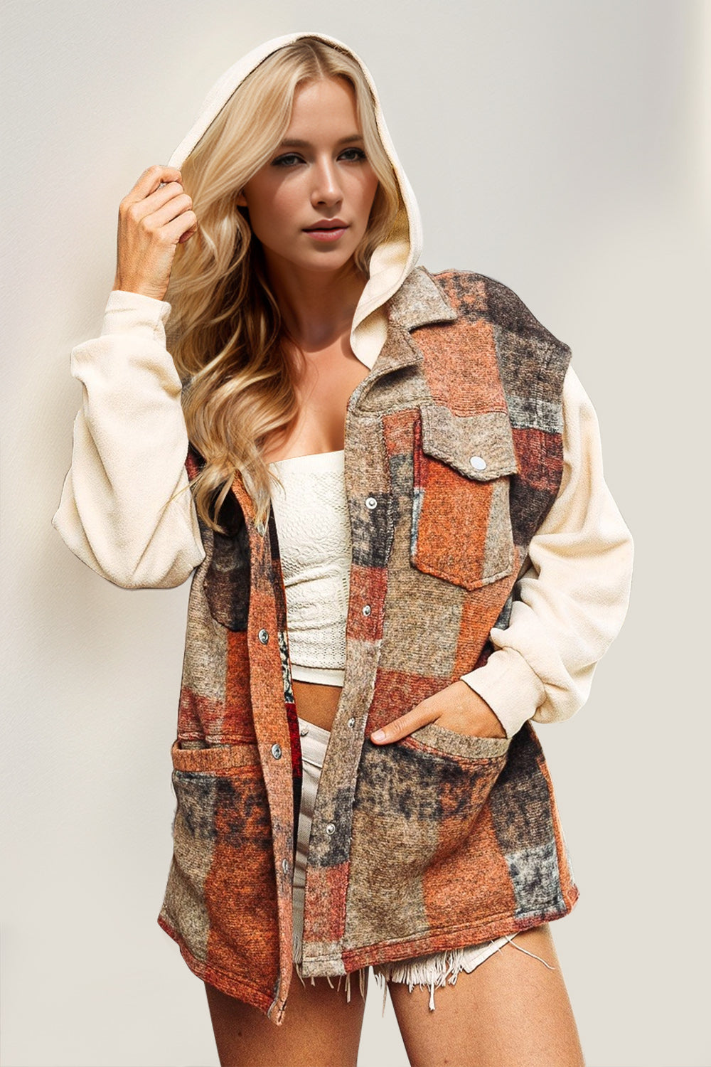 Double Take Contrast Sleeve Hooded Plaid Jacket