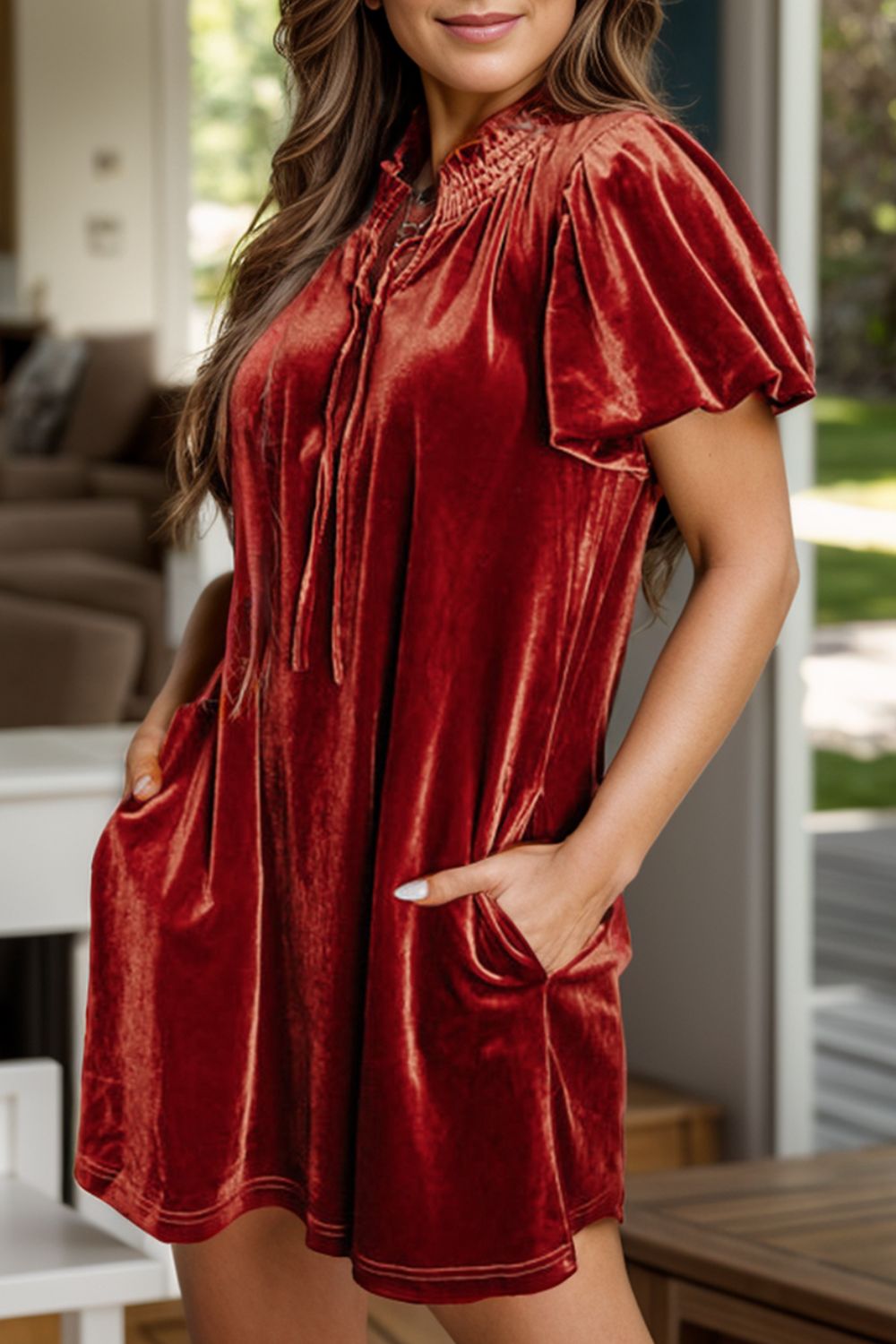 Velvet Tie Neck Short Sleeve Mini Dress - Littles Collection 