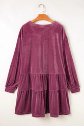 Plus Size Textured Velvet Decorative Button Long Sleeve Dress - Littles Collection 