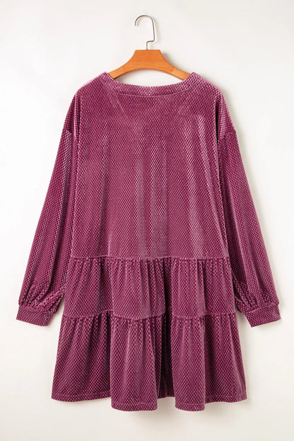 Plus Size Textured Velvet Decorative Button Long Sleeve Dress - Littles Collection 