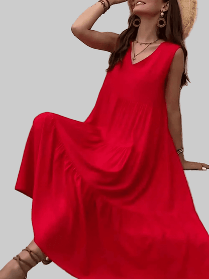 women_fashion - littlescollectionblouseTiered V - Neck Sleeveless Flared Long Cotton DressShip From Overseas