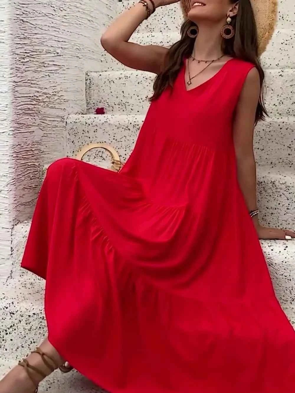 women_fashion - littlescollectionblouseTiered V - Neck Sleeveless Flared Long Cotton DressShip From Overseas