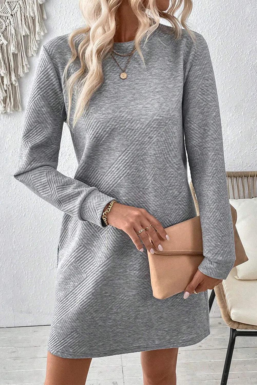 Textured Round Neck Long Sleeve Mini Dress - Littles Collection 