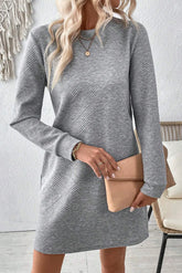 Textured Round Neck Long Sleeve Mini Dress - Littles Collection 