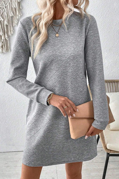 Textured Round Neck Long Sleeve Mini Dress - Littles Collection 