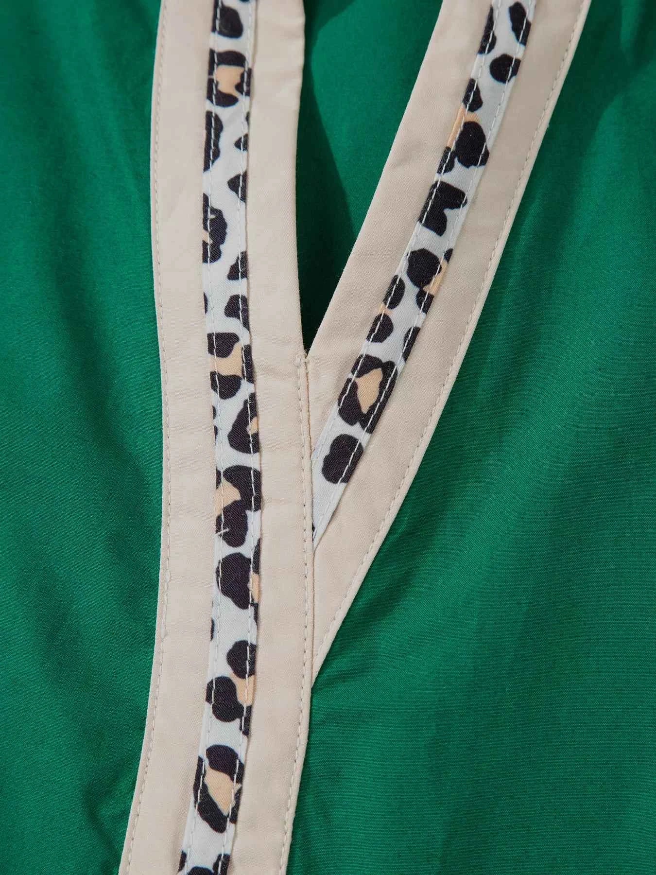 women_fashion - littlescollectionblousePuffy Flounce Sleeve Leopard Trim Green Cotton BlouseSYNZ