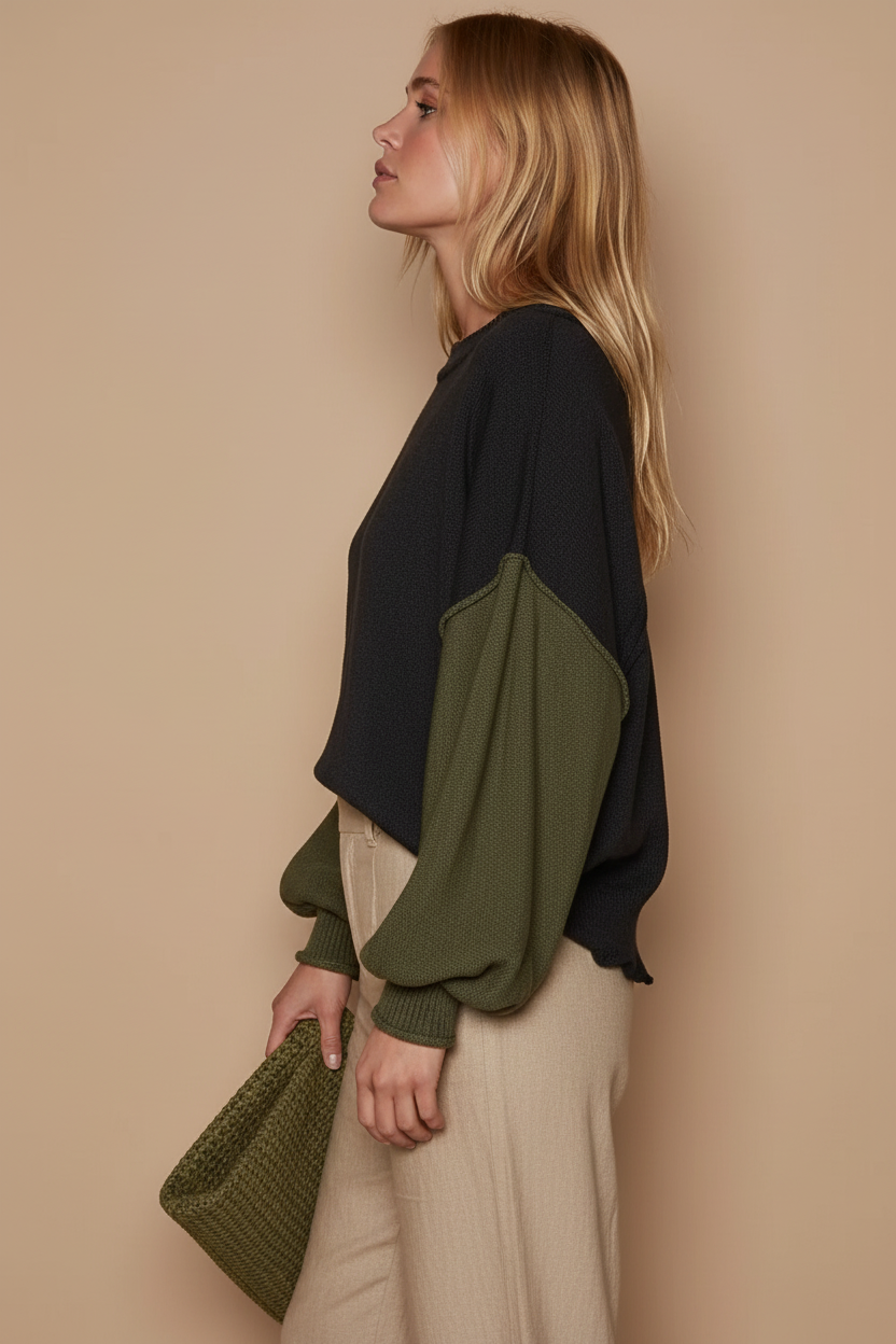 Color Block Balloon Sleeve Hacci Knit Sweater – Contrast Pocket &amp; Rib Edge