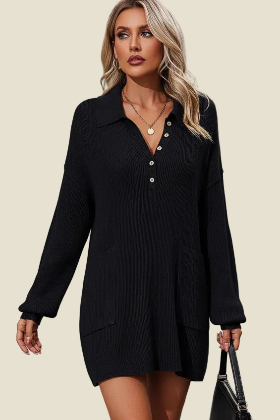 Collared Neck Soft Sweater Mini Dress with Pockets