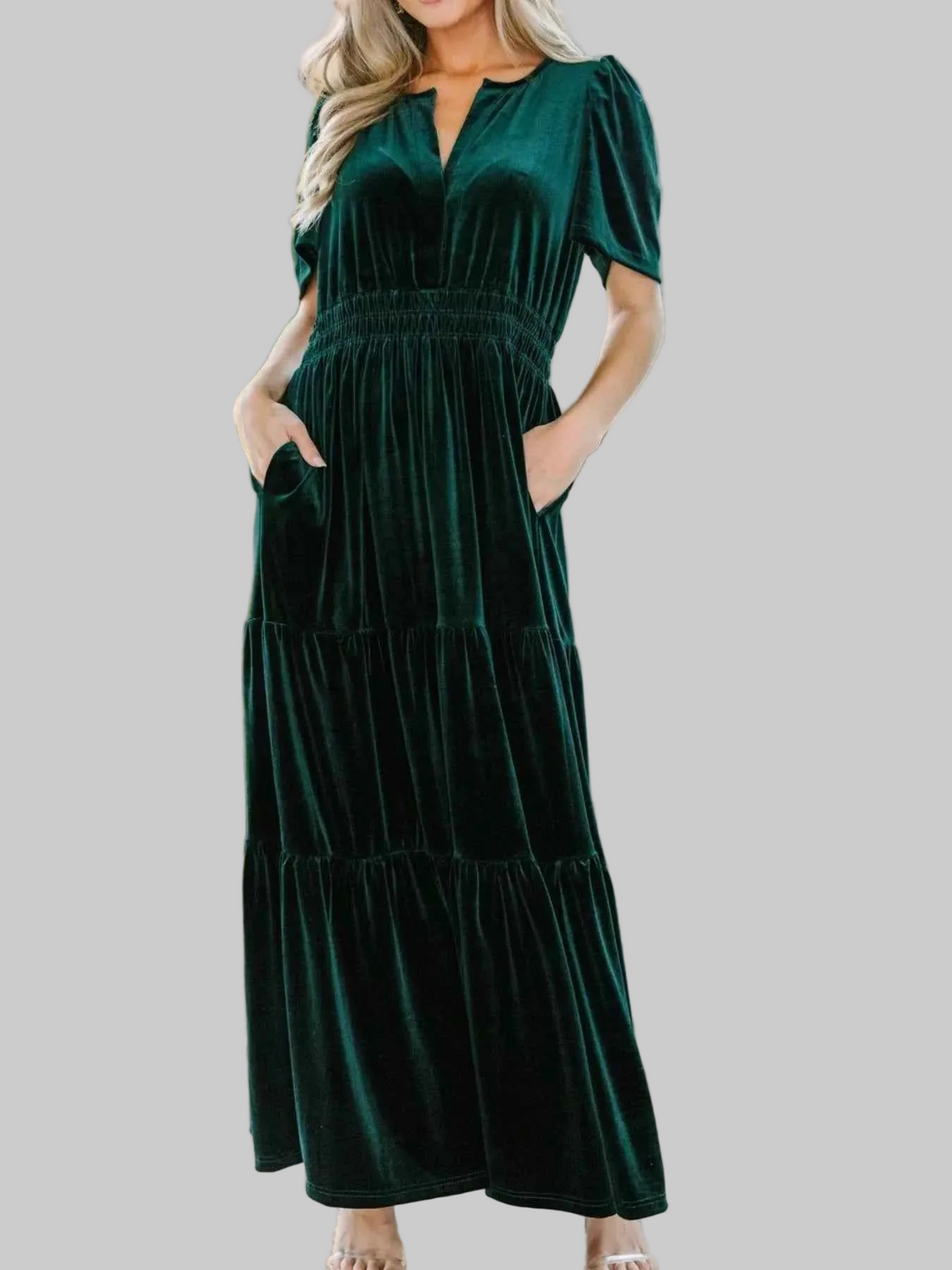 Velvet Tiered Short Sleeve Maxi Dress