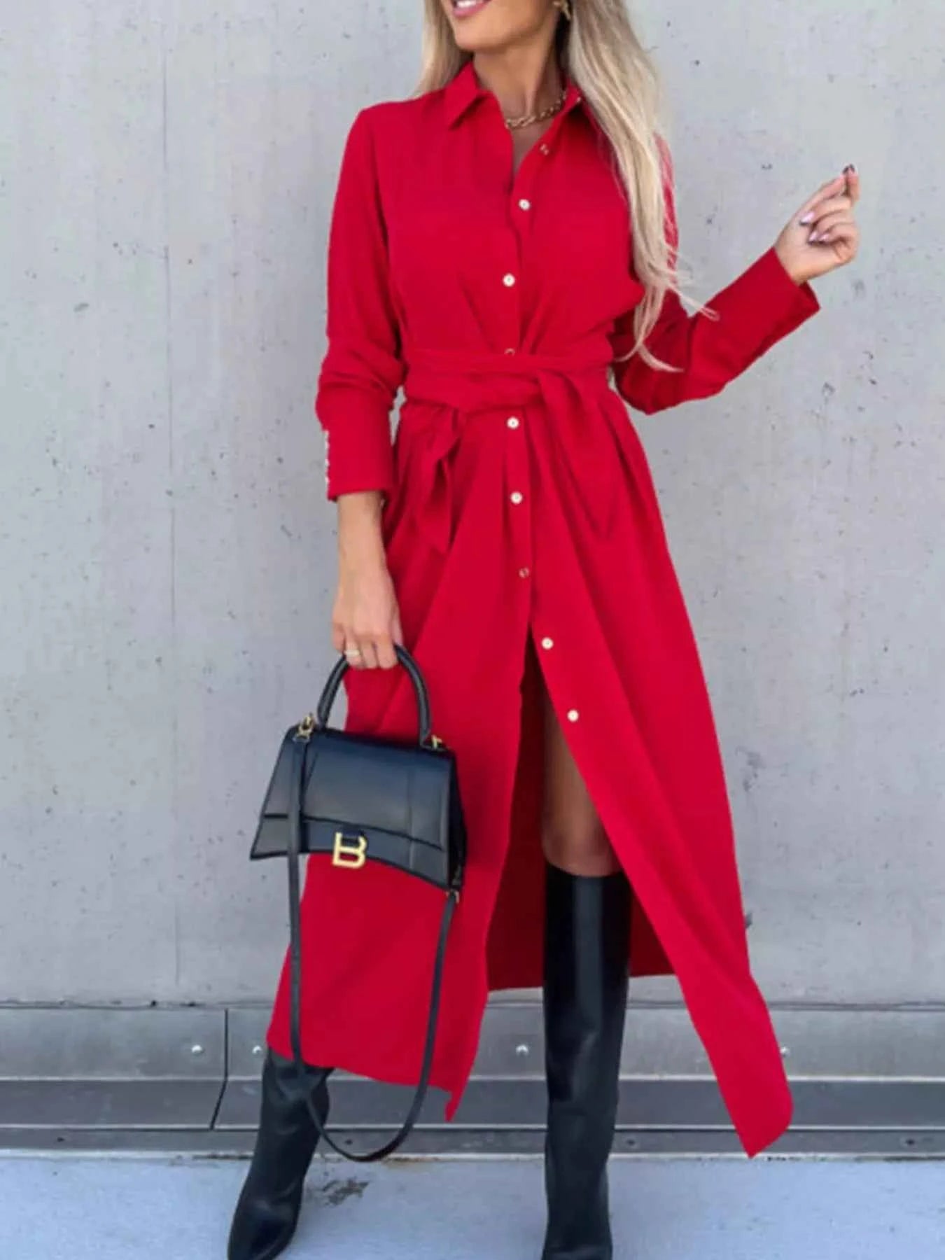 women_fashion - littlescollectionDressPlus Size Beige Button Front Shirt Dress Waist Tie