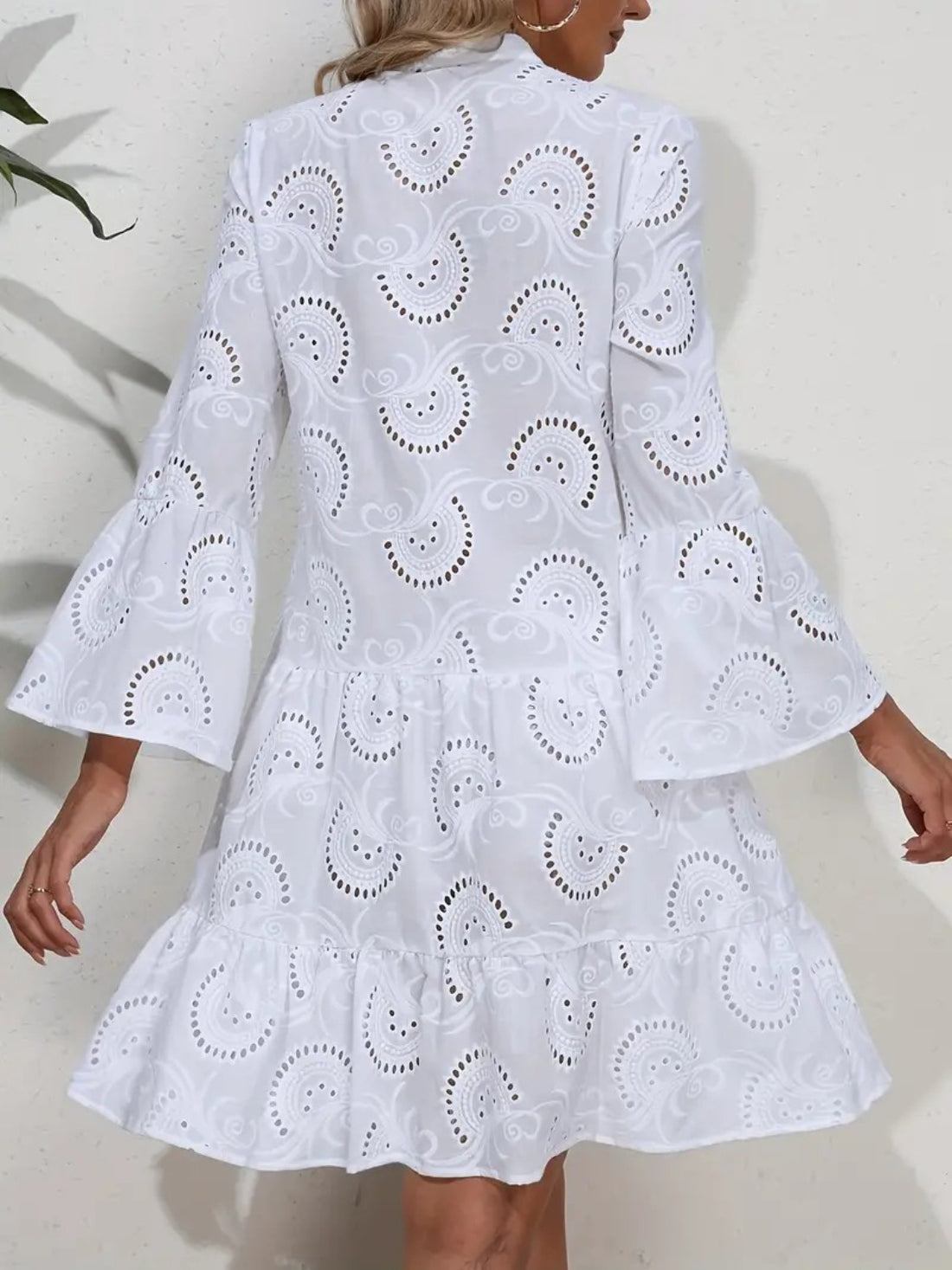 Ruffle Hem Eyelet Notched Long Sleeve Dress - Littles Collection 