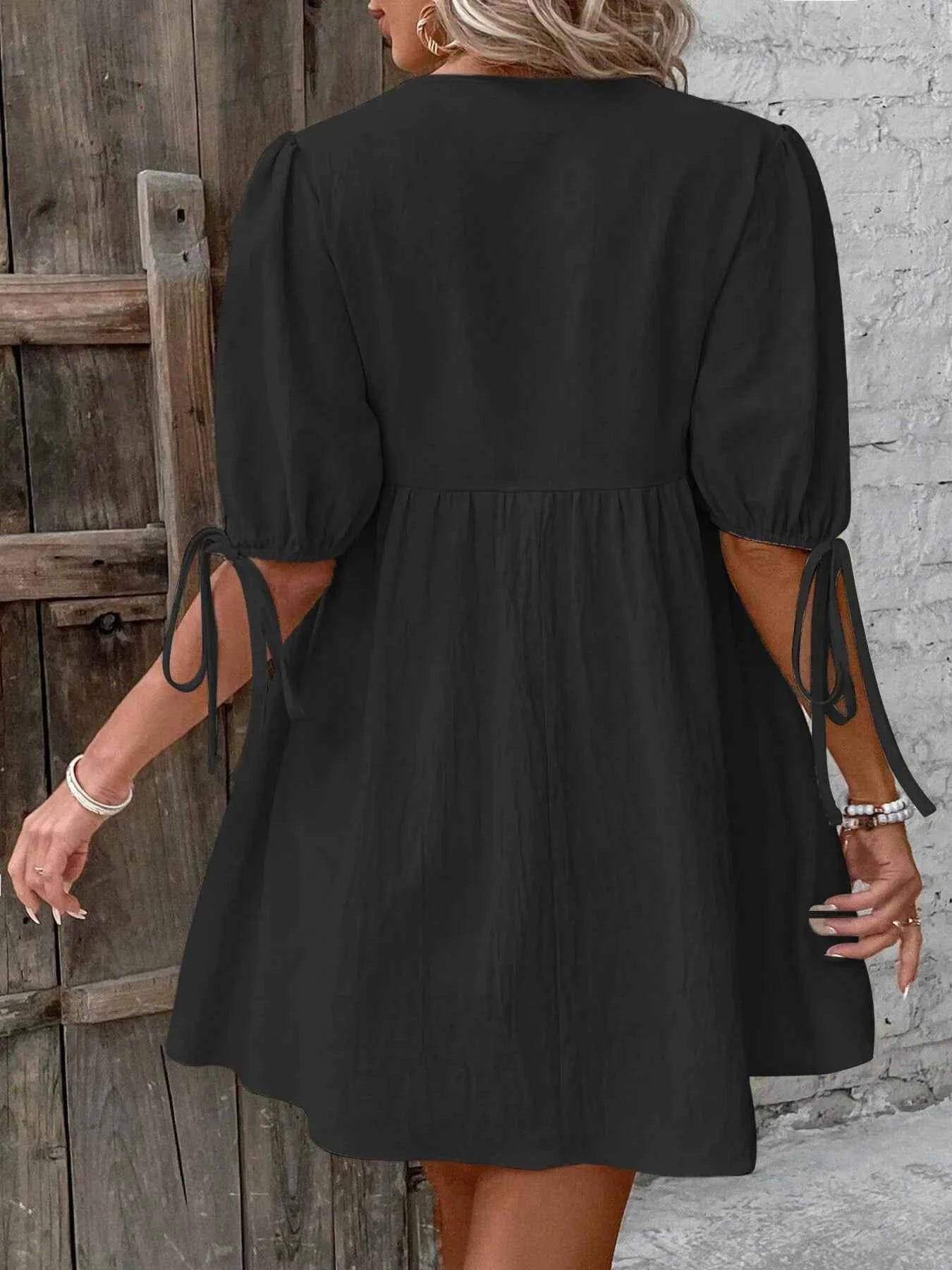 V-Neck Tie-Front Mini Dress with Puff Sleeves
