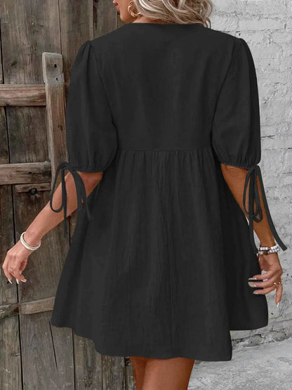 V-Neck Tie-Front Mini Dress with Puff Sleeves