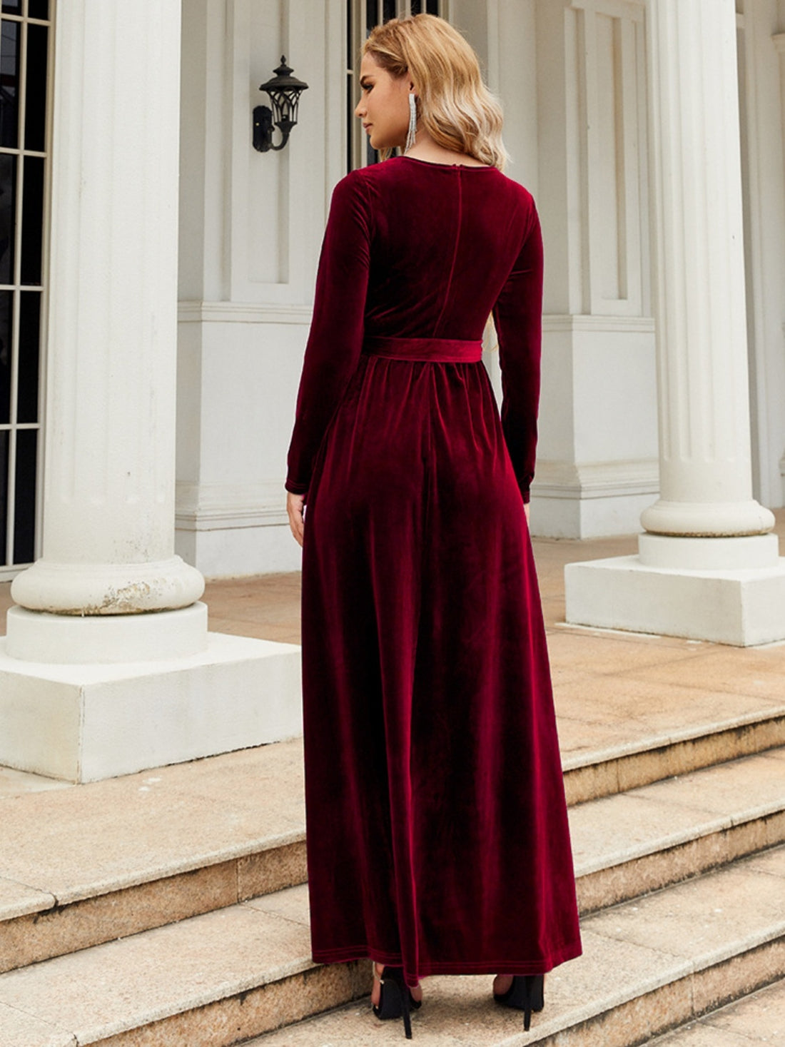 Tie Front Round Neck Velvet Maxi Dress - Littles Collection 