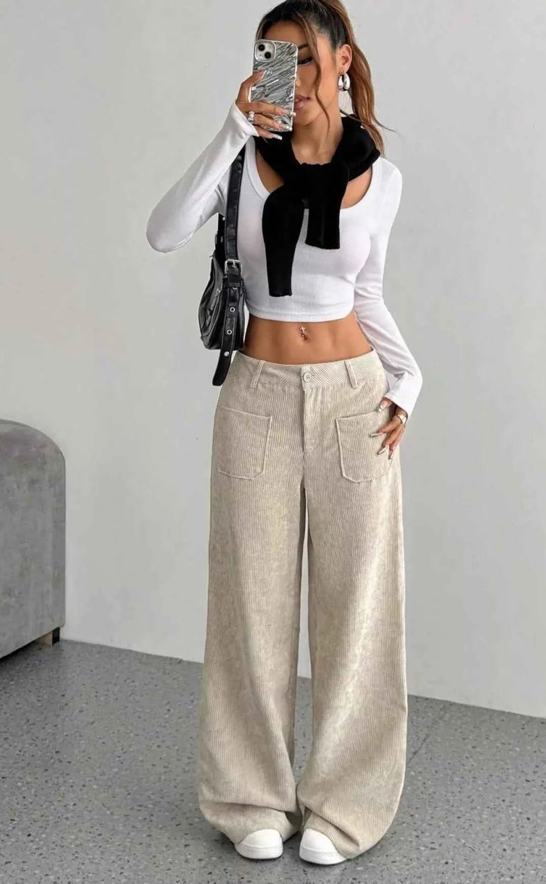women_fashion - littlescollectionWomen pantsWide - Leg Bold Silhouette Corduroy Pantsjeans pant