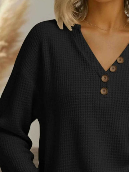 women_fashion - littlescollectionCasual Waffle Knit Long Sleeve T-Shirt Plus Size