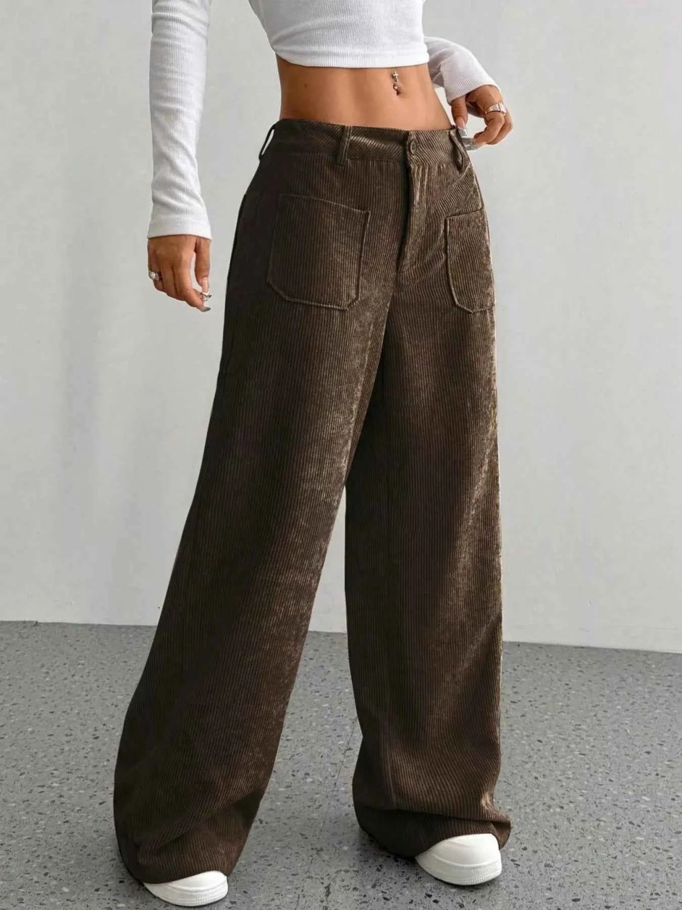 women_fashion - littlescollectionWomen pantsWide - Leg Bold Silhouette Corduroy Pantsjeans pant