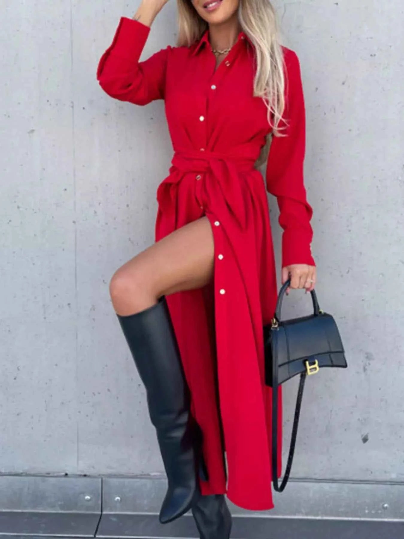 women_fashion - littlescollectionDressPlus Size Beige Button Front Shirt Dress Waist Tie